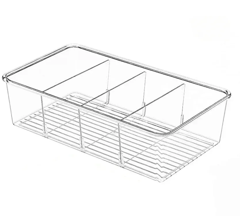 Bac organisateur de réfrigérateur en plastique transparent, rangement alimentaire avec séparateur pour réfrigérateur, congélateur et garde-manger 7