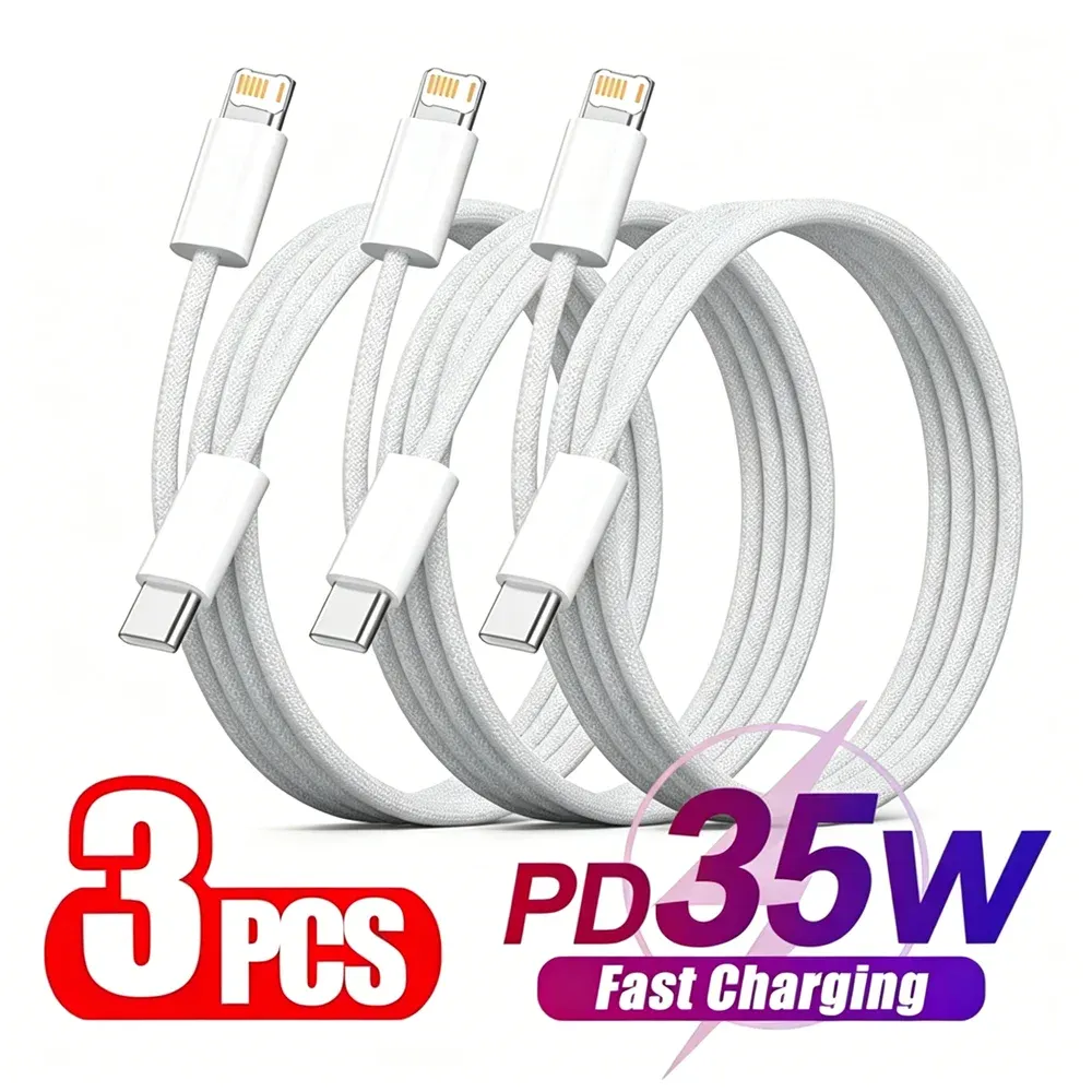 Câble tressé USB-C à charge rapide PD 35W, lot de 3, compatible iPhone 8 à 14 Pro Max, X, XR et XS