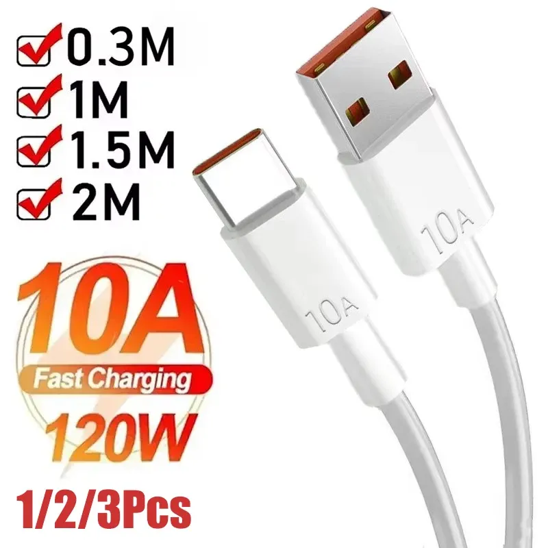 Câble USB vers USB-C 10 A, 120 W, charge ultra rapide, compatible Android, transfert de données haute vitesse, compatible Xiaomi Redmi, 2 m, lot de 1, 2 ou 3