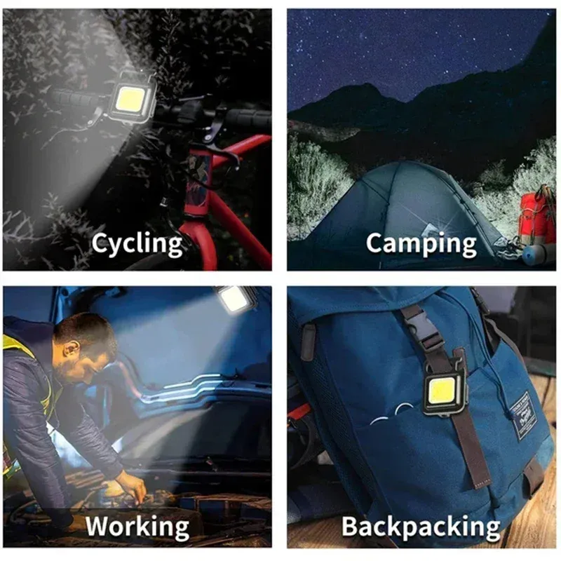 Porte-clés lampe de poche LED COB rechargeable USB, lampe de camping portable multifonction avec pince de poche 4