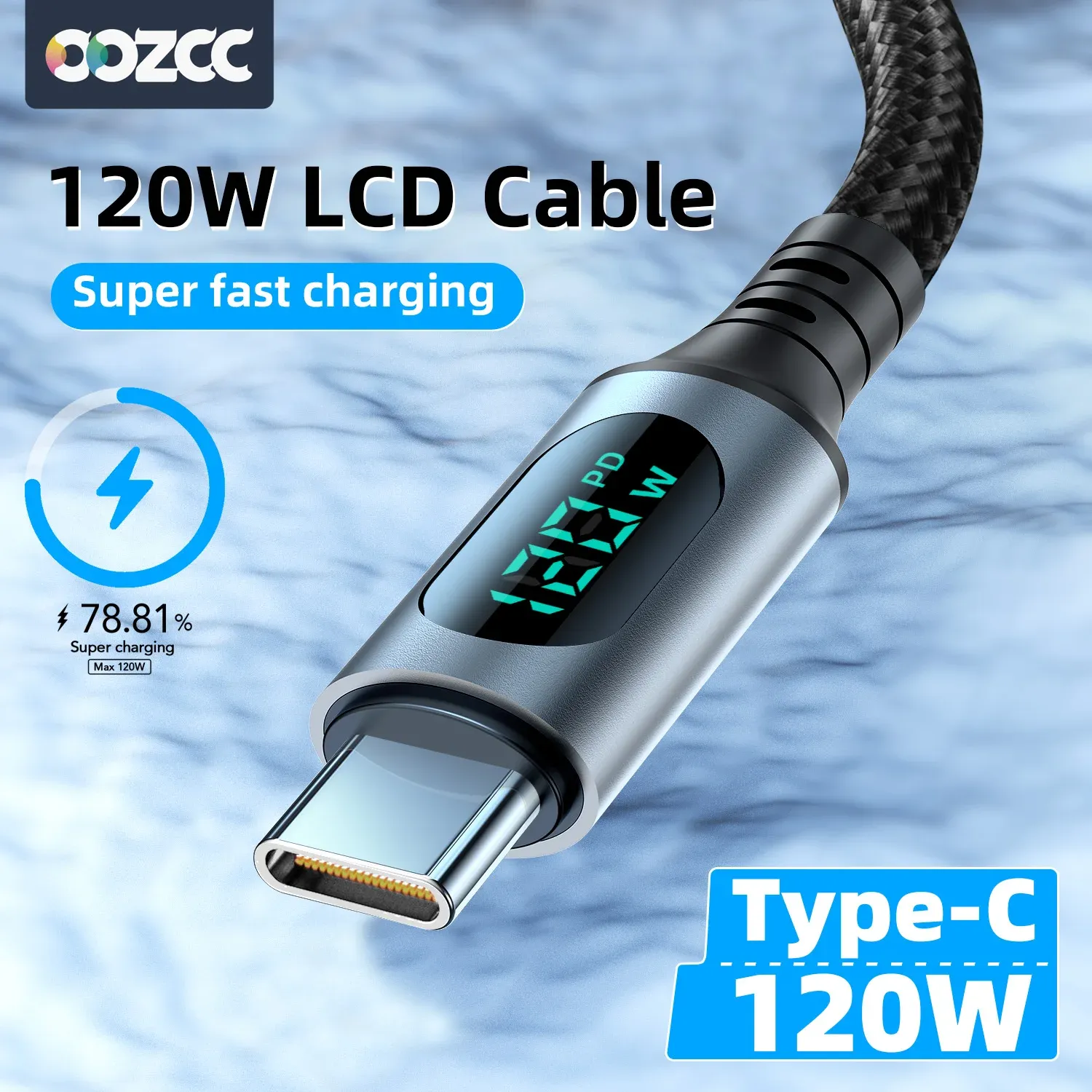 Câble de charge ultra-rapide 6A 120W USB-A vers USB-C en nylon, avec affichage numérique LED, compatible Xiaomi, Redmi et Samsung