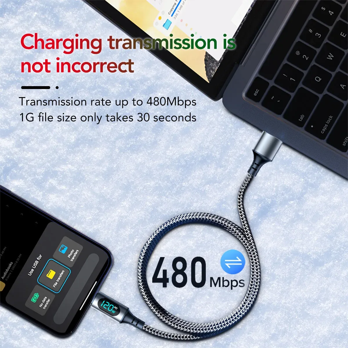 Câble de charge ultra-rapide 6A 120W USB-A vers USB-C en nylon, avec affichage numérique LED, compatible Xiaomi, Redmi et Samsung 2