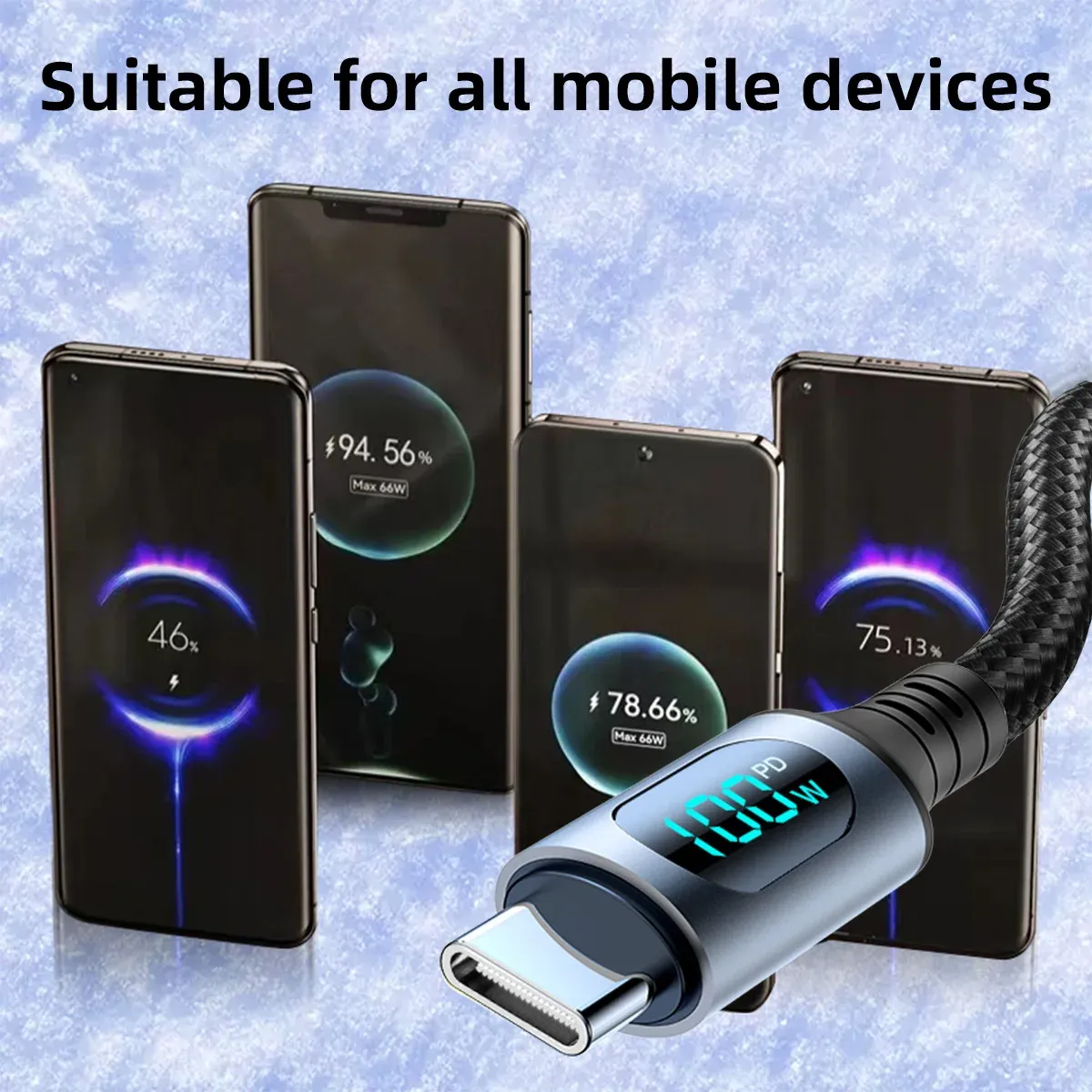 Câble de charge ultra-rapide 6A 120W USB-A vers USB-C en nylon, avec affichage numérique LED, compatible Xiaomi, Redmi et Samsung 3