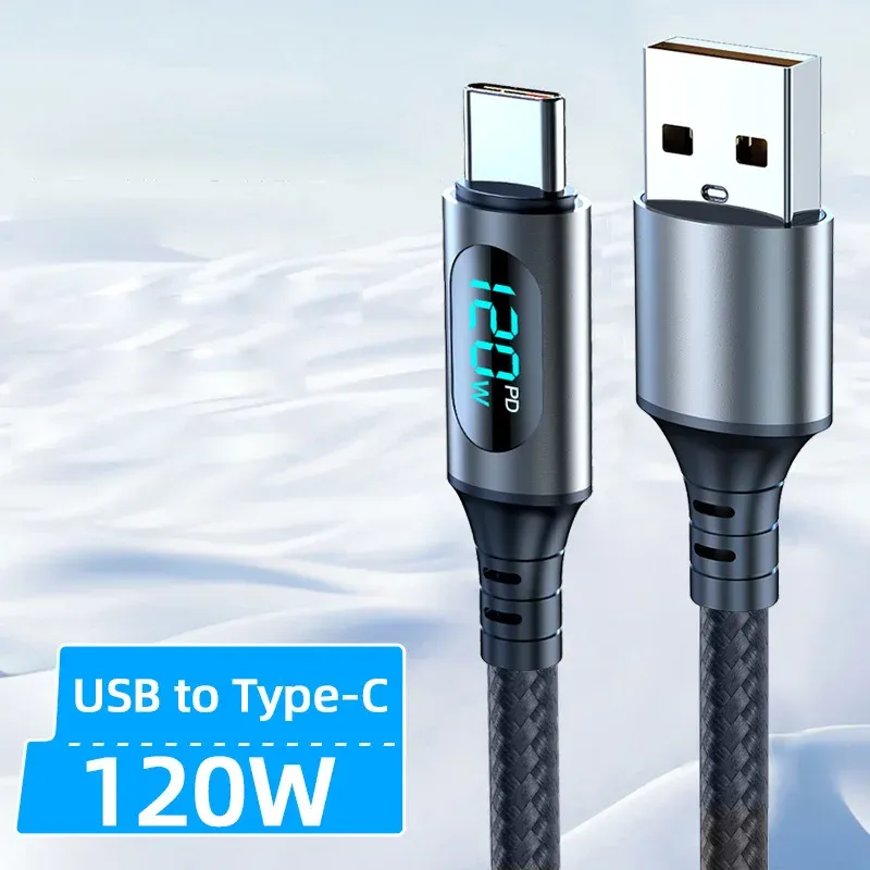 Câble de charge ultra-rapide 6A 120W USB-A vers USB-C en nylon, avec affichage numérique LED, compatible Xiaomi, Redmi et Samsung 7