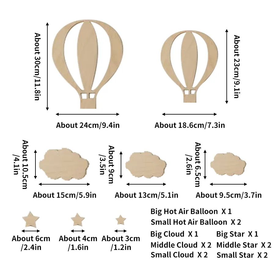 Ensemble de 13 autocollants muraux en bois à motif de montgolfières, nuages et étoiles pour la décoration intérieure et les chambres d'enfants 5