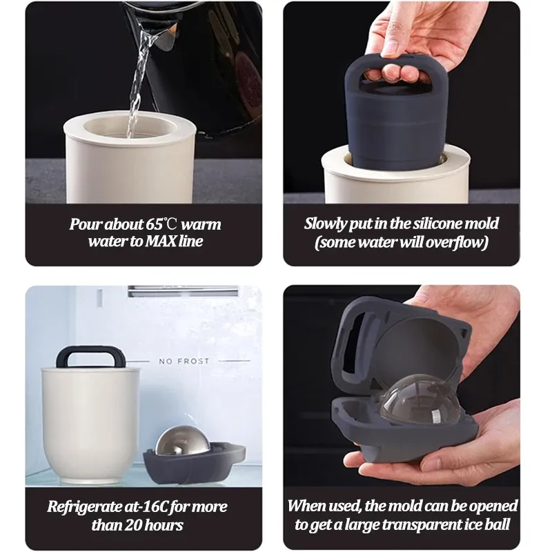 Moule à boules de glace en silicone anti-fonte, plateau à glaçons transparent pour whisky et cocktails 3
