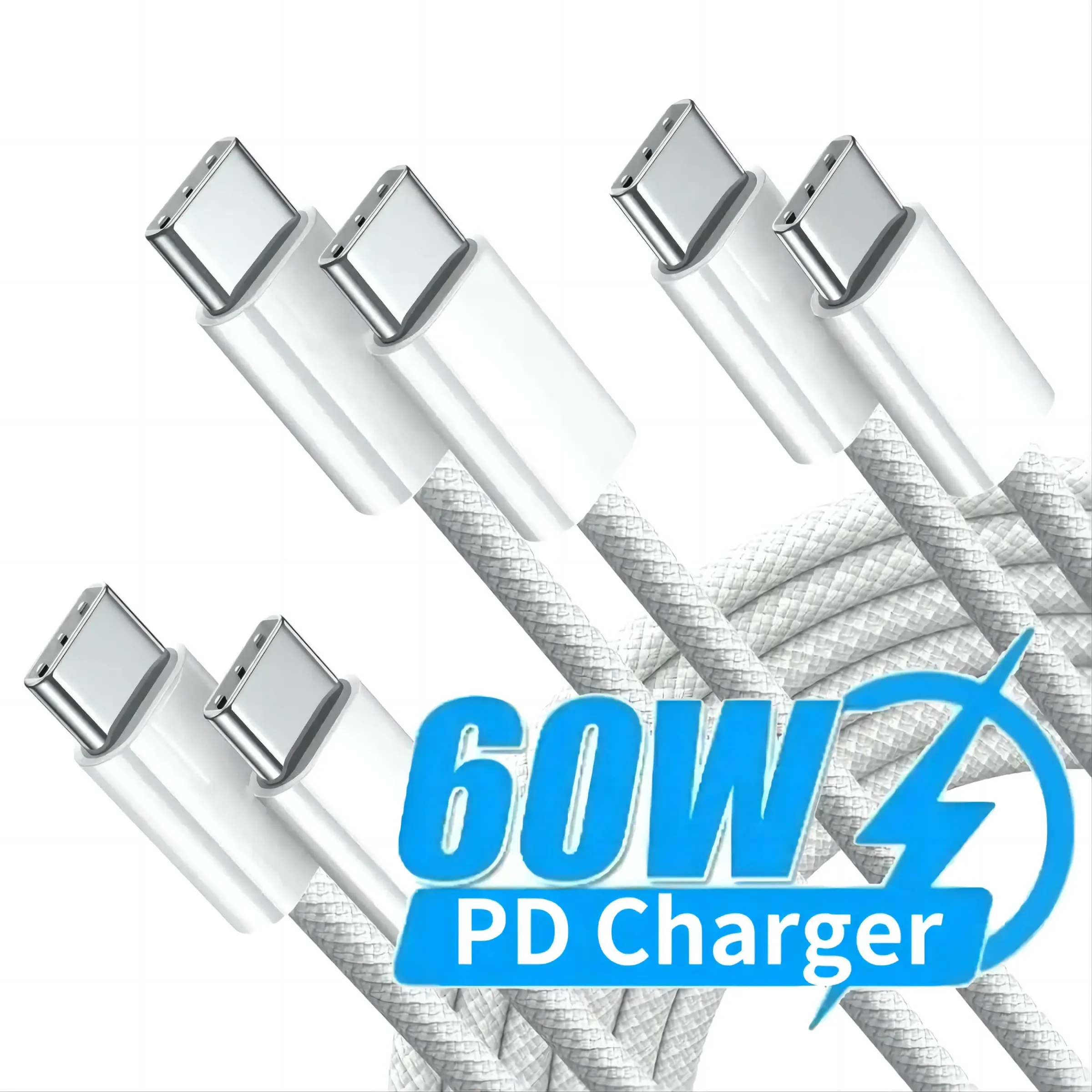 Câble de charge rapide haut de gamme 1 m / 2 m / 3 m 60 W USB-C vers USB-C pour téléphone, tablette, PC et ordinateur portable – lot de 3 2