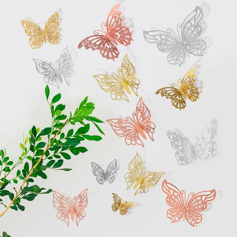 Autocollants muraux papillons 3D creux, lot de 12, décoration de mariage, chambre d'enfants et salon 4