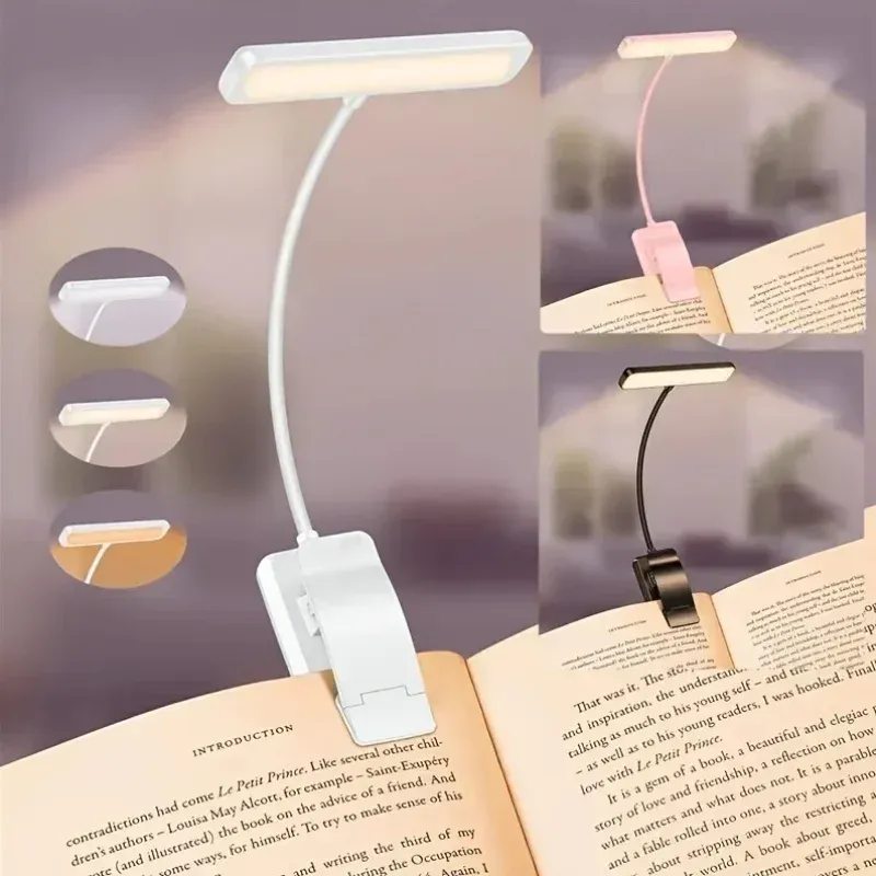 Lampe de lecture LED rechargeable USB, 3 couleurs réglables, avec pince, protection des yeux, veilleuse pour lit et bureau 1