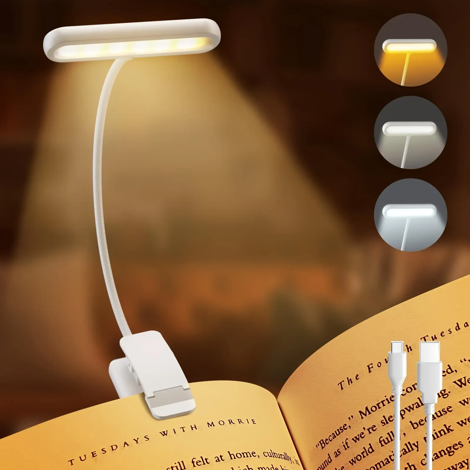 Lampe de lecture LED rechargeable USB, 3 couleurs réglables, avec pince, protection des yeux, veilleuse pour lit et bureau 4