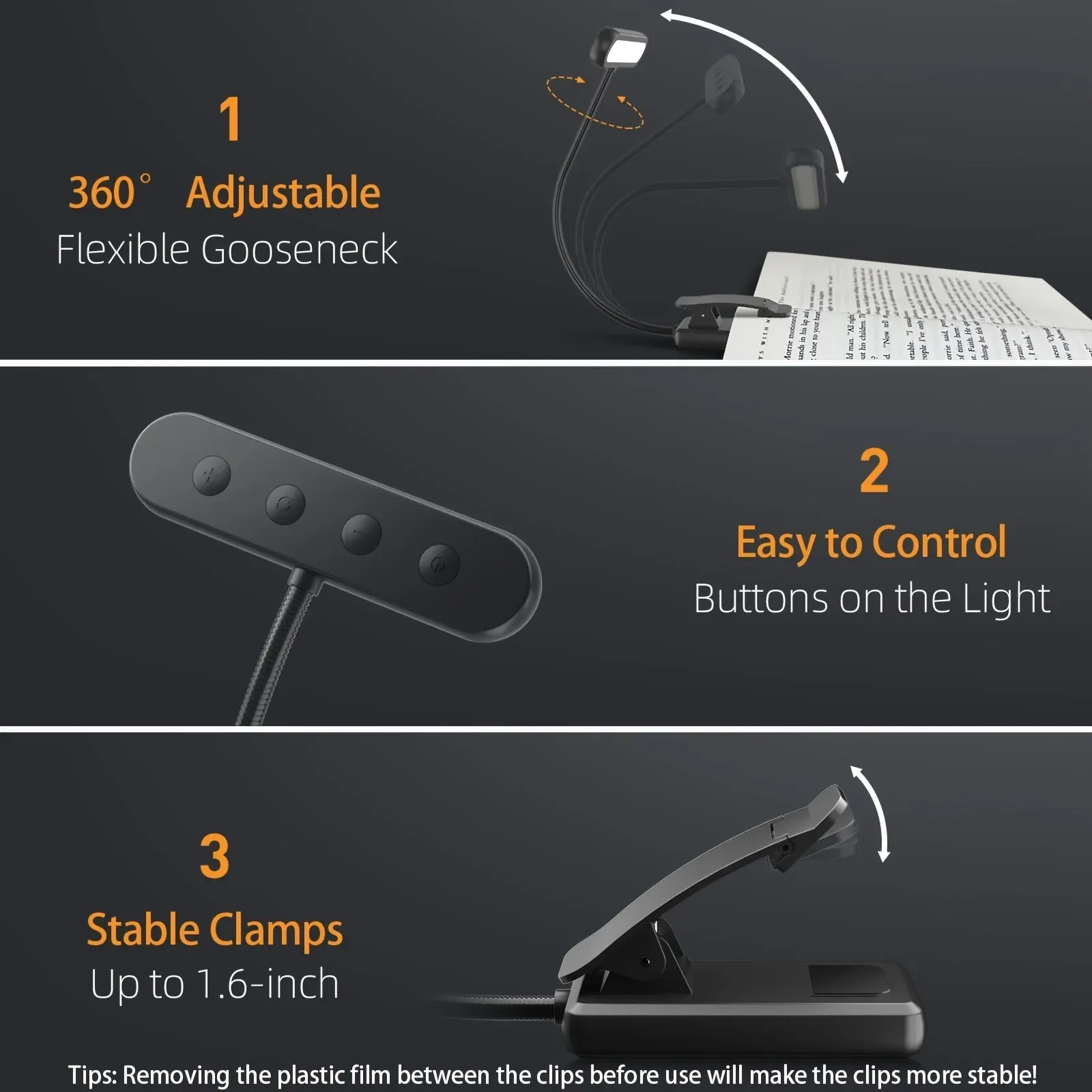 Lampe de lecture LED rechargeable USB, 3 couleurs réglables, avec pince, protection des yeux, veilleuse pour lit et bureau 5