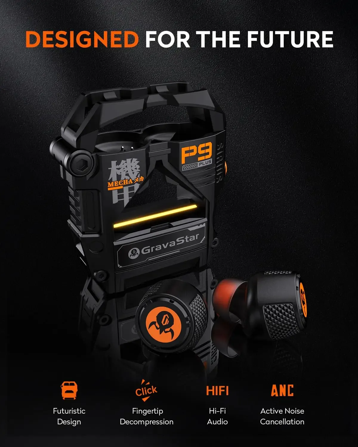 GravaStar Sirius P9 Plus Écouteurs sans fil True Wireless, Bluetooth 5.3, Casque à réduction active du bruit (ANC), autonomie de lecture de 28 heures, ENC Clear 2