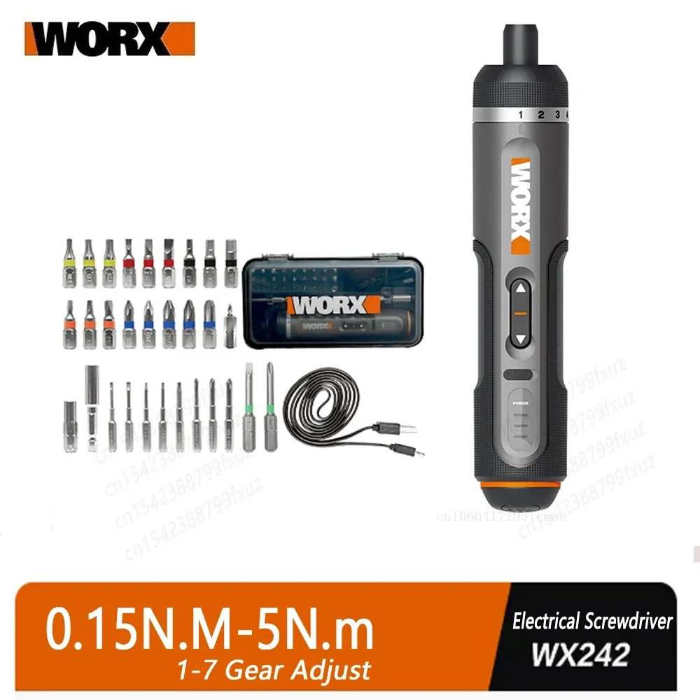 WORX WX242 Jeu de tournevis électrique sans fil 4 V intelligent, rechargeable par USB, avec 30 embouts et mini perceuse - Image 1