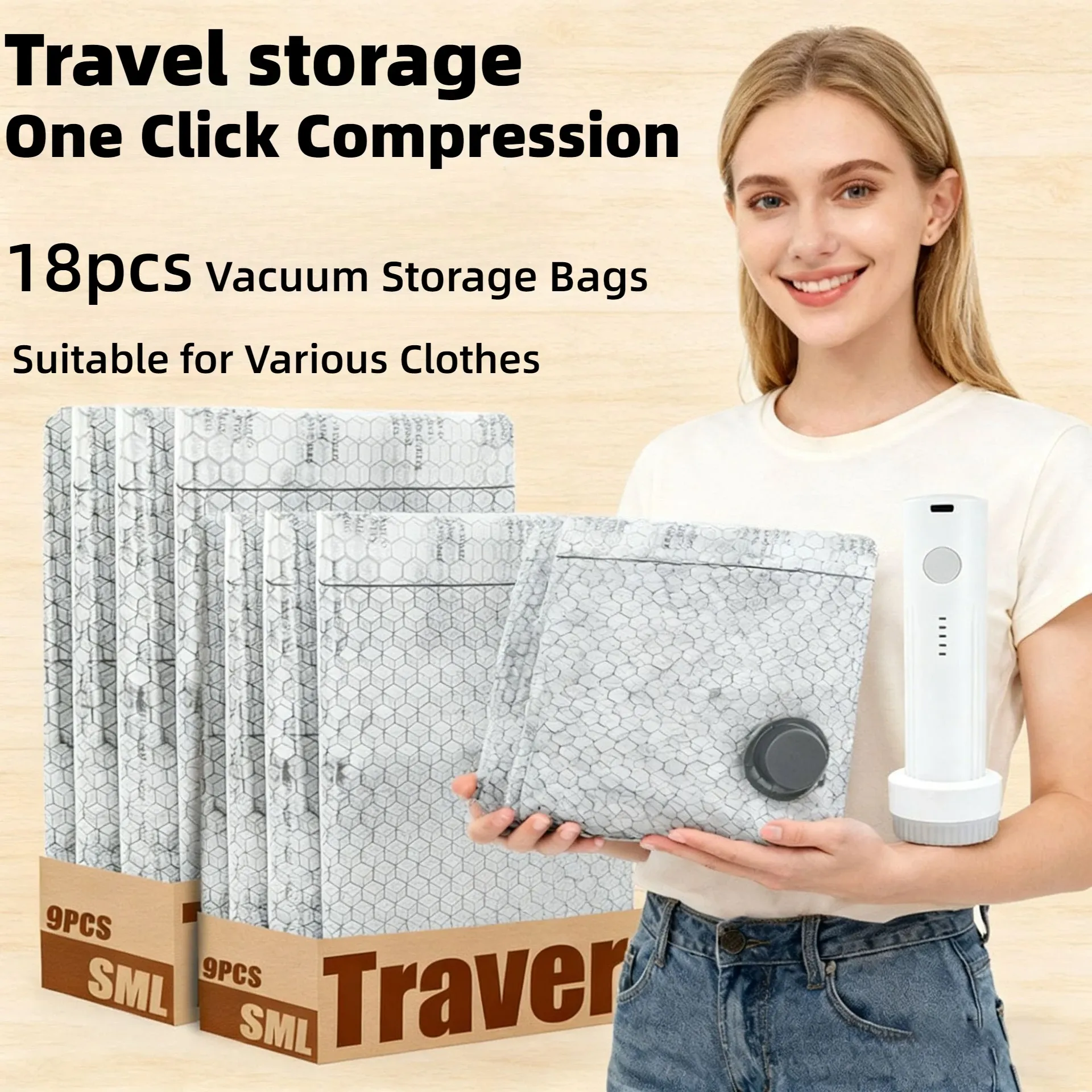 Sacs de compression sous vide pour vêtements avec pompe électrique portable, lot de 9 - Image 1