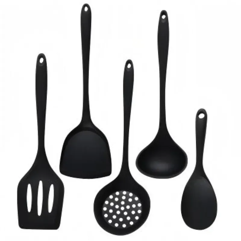 Ensemble de 5 ustensiles de cuisine en silicone de qualité alimentaire, vert : spatule antiadhésive résistante à la chaleur, louche, cuillère fendue 4