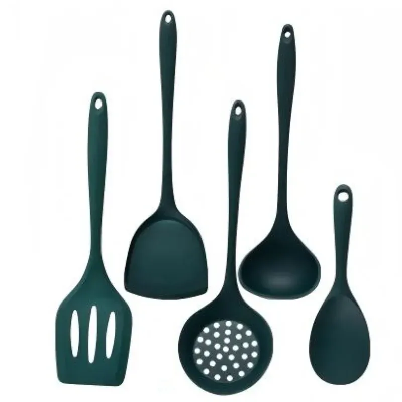 Ensemble de 5 ustensiles de cuisine en silicone de qualité alimentaire, vert : spatule antiadhésive résistante à la chaleur, louche, cuillère fendue 5