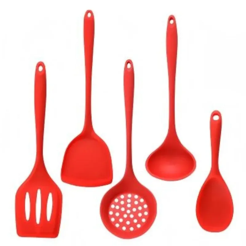 Ensemble de 5 ustensiles de cuisine en silicone de qualité alimentaire, vert : spatule antiadhésive résistante à la chaleur, louche, cuillère fendue 6