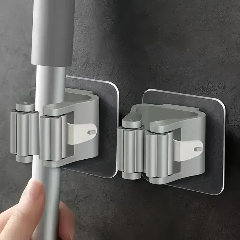 Lot de 4 supports pour serpillère sans perçage, pince à serpillère, support pour salle de bain, crochet de serpillère robuste 2