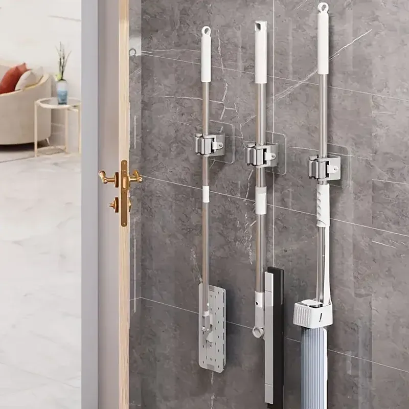 Lot de 4 supports pour serpillère sans perçage, pince à serpillère, support pour salle de bain, crochet de serpillère robuste 3