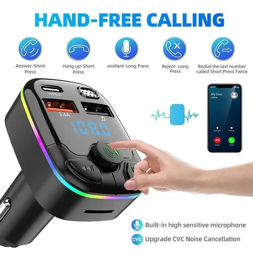 Chargeur de voiture Bluetooth 5.0 avec transmetteur FM, kit mains libres, charge rapide USB-C PD, double port USB et lecteur MP3 1