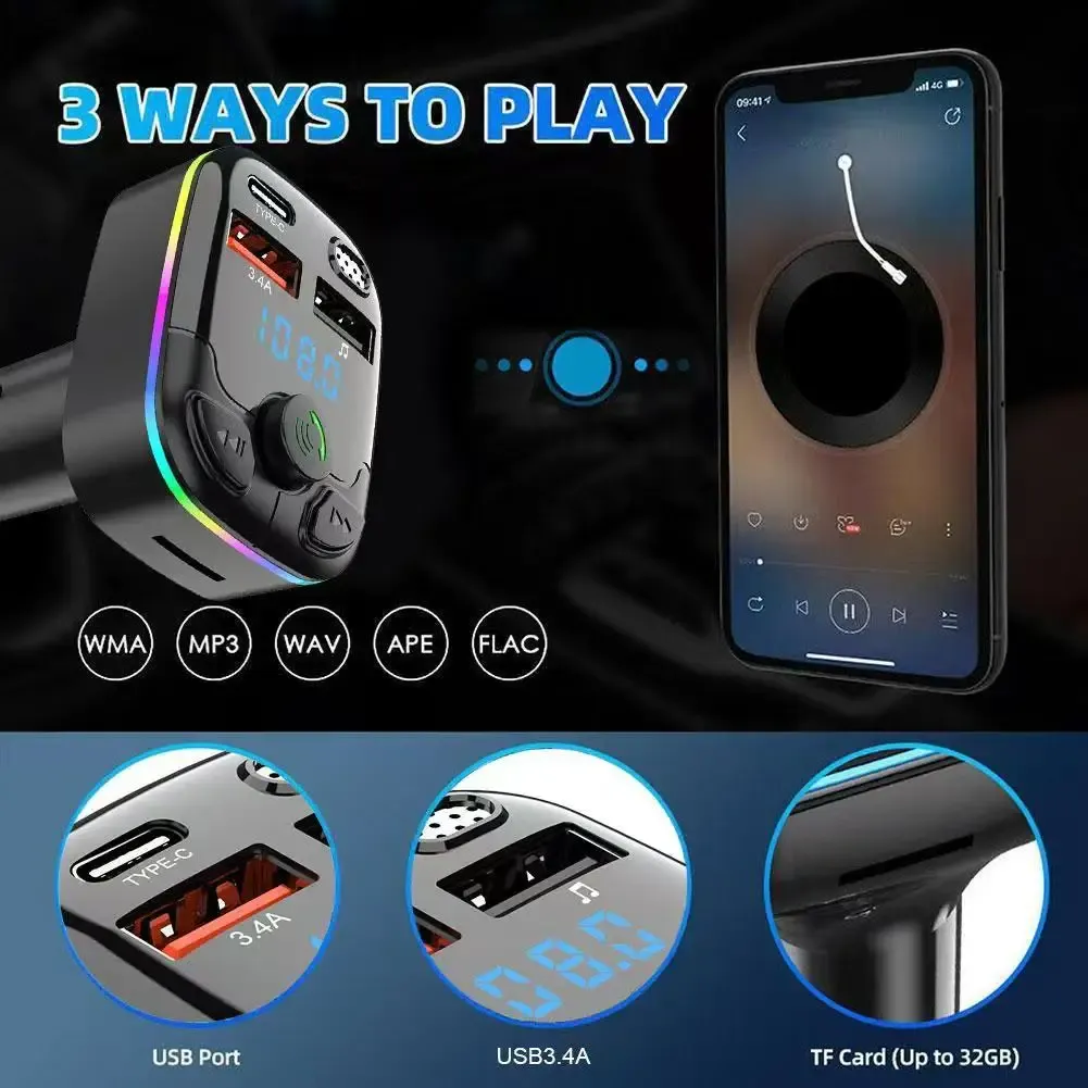 Chargeur de voiture Bluetooth 5.0 avec transmetteur FM, kit mains libres, charge rapide USB-C PD, double port USB et lecteur MP3 4