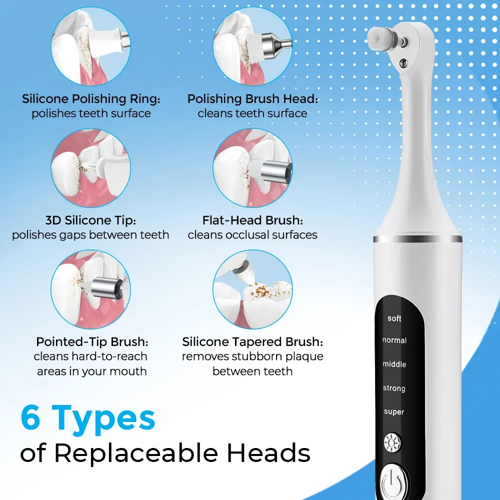 Polisseuse électrique pour dents avec 5 modes de vitesse, 6 têtes de brosse et lumière LED 3