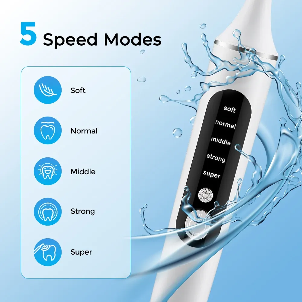 Polisseuse électrique pour dents avec 5 modes de vitesse, 6 têtes de brosse et lumière LED 5