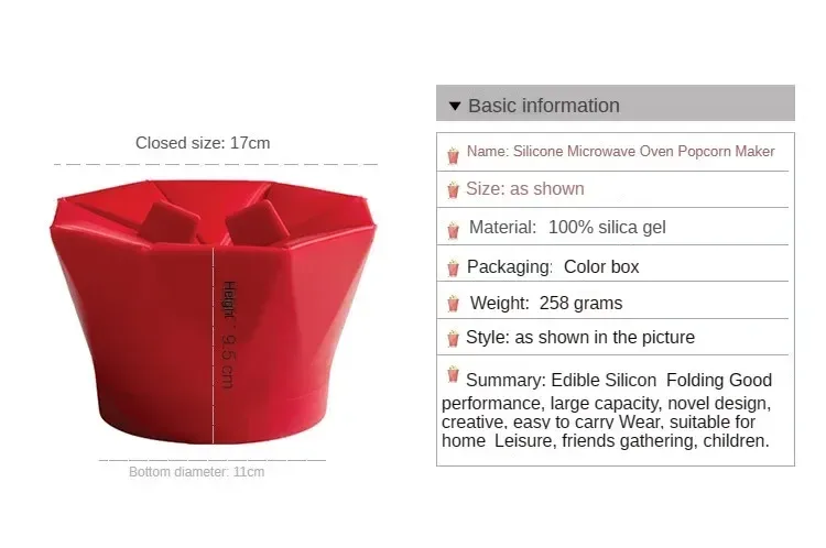 Bol à pop-corn pliable en silicone rouge, vue d'ensemble