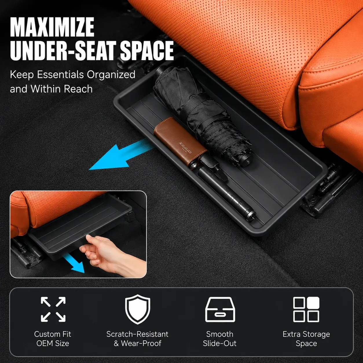 Boîte de rangement sous siège de voiture à tiroir coulissant, organisateur sur mesure, bac de rangement étanche pour voiture, compatible parapluie, universel