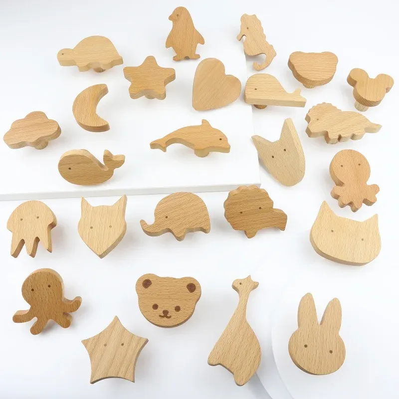Poignées d'armoire en bois avec motifs d'animaux, crochets en bois, poignées de meubles pour armoires et tiroirs, boutons de porte, poignées de porte de garde-robe de cuisine 2