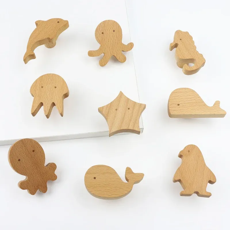 Poignées d'armoire en bois avec motifs d'animaux, crochets en bois, poignées de meubles pour armoires et tiroirs, boutons de porte, poignées de porte de garde-robe de cuisine 4