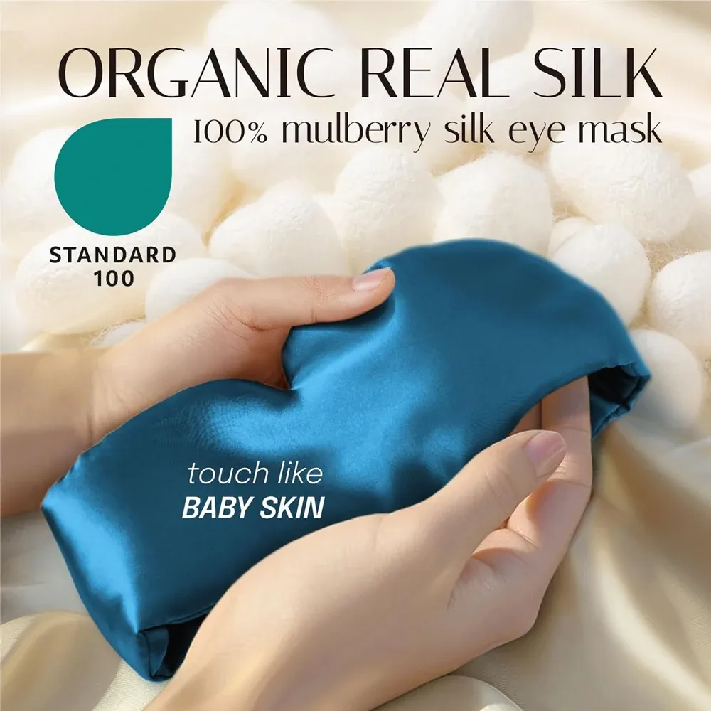 Masque de sommeil en soie, doux, sans pression, 100 % soie de mûrier, pour le contour des yeux, anti-rides, large bandeau réglable en Velcro 2