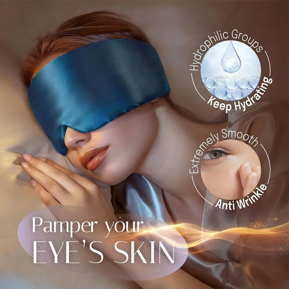 Masque de sommeil en soie, doux, sans pression, 100 % soie de mûrier, pour le contour des yeux, anti-rides, large bandeau réglable en Velcro 3