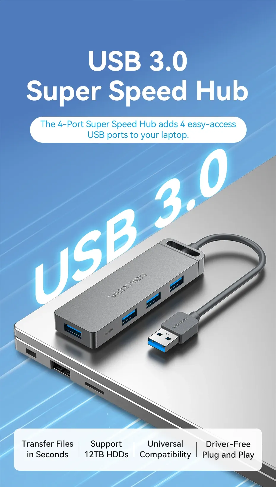 Hub USB Vention 4 ports, vue d'ensemble