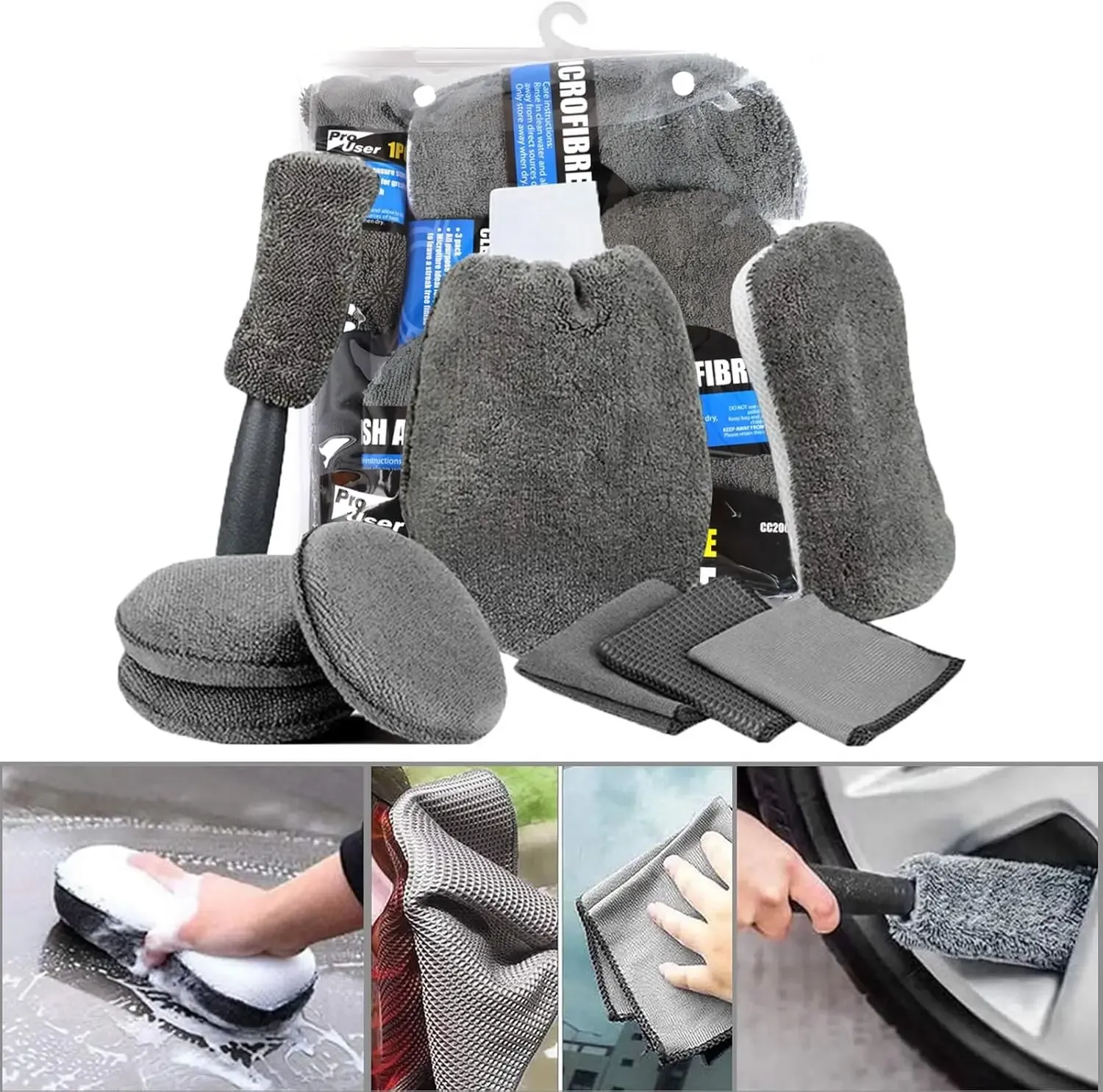 Kit de lavage auto en microfibre, accessoires de détailing intérieur et extérieur, 9 pièces