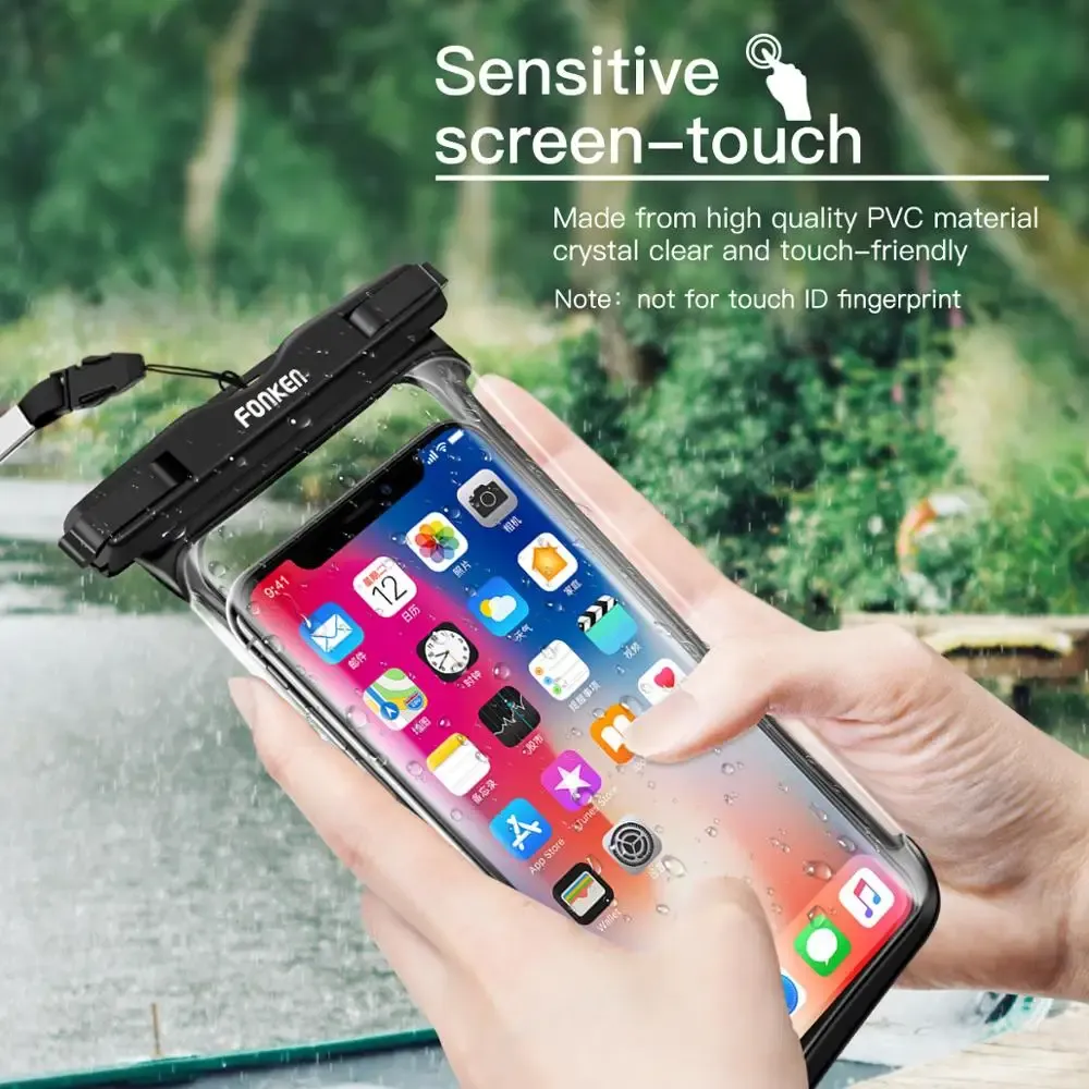 Étui étanche FONKEN pour téléphone portable, vue complète, sac sec transparent pour natation, neige et randonnée en forêt, grande housse de protection 2