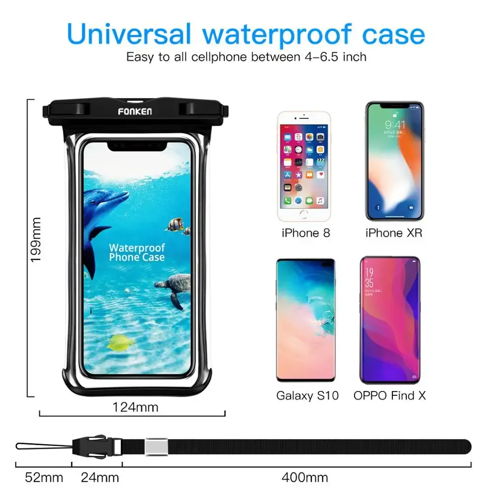 Étui étanche FONKEN pour téléphone portable, vue complète, sac sec transparent pour natation, neige et randonnée en forêt, grande housse de protection 5
