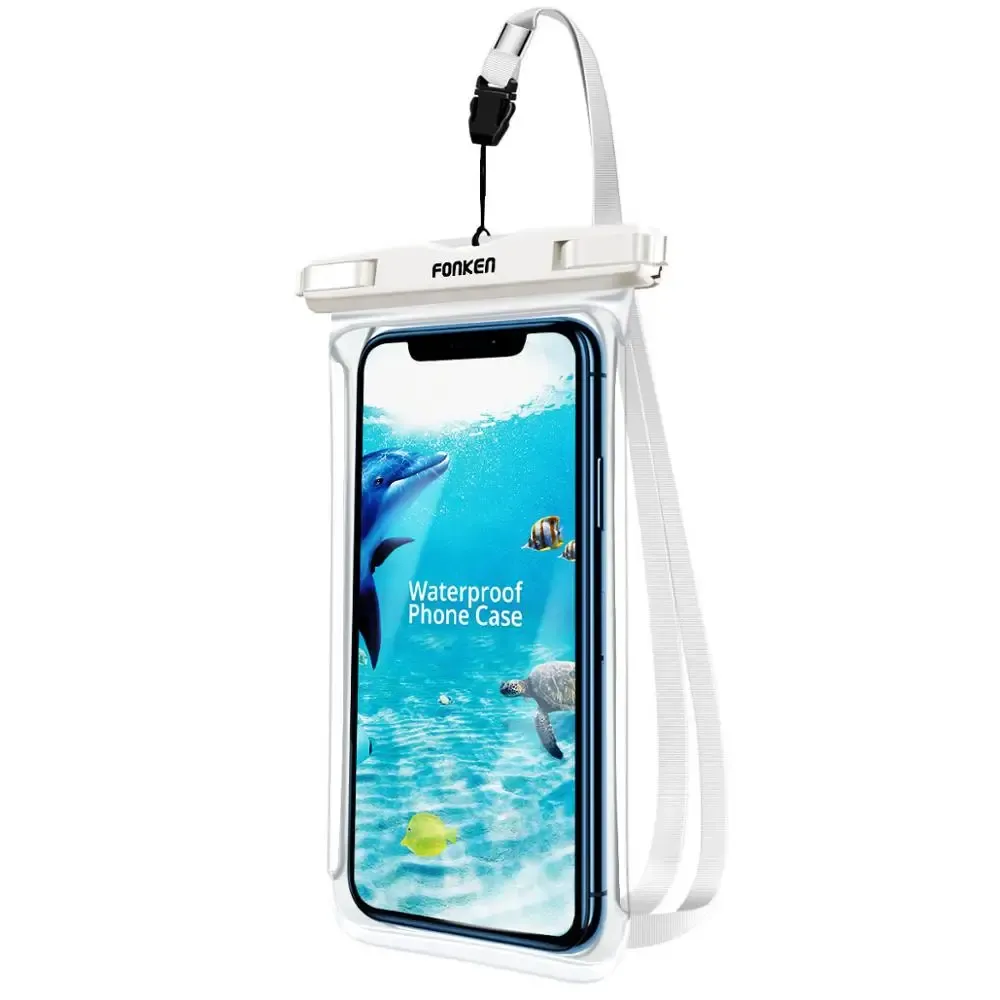 Étui étanche FONKEN pour téléphone portable, vue complète, sac sec transparent pour natation, neige et randonnée en forêt, grande housse de protection 18