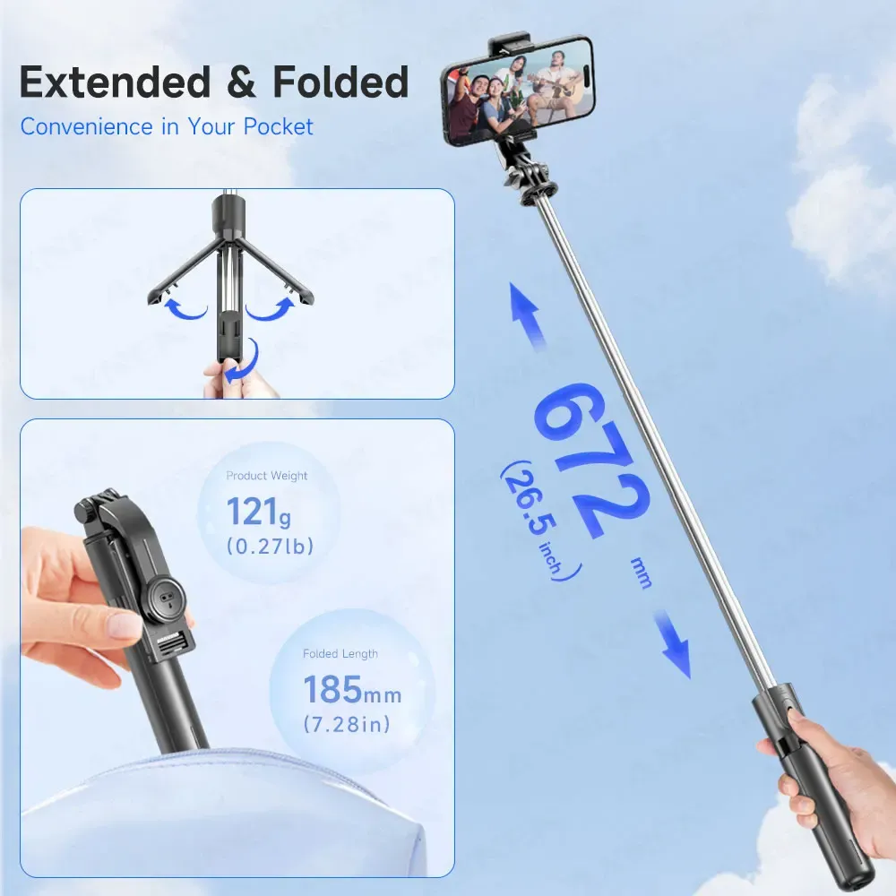 Trépied perche à selfie avec télécommande Bluetooth amovible, rotation à 360°, perche extensible, lumière de remplissage intégrée, compatible iPhone et Android 3