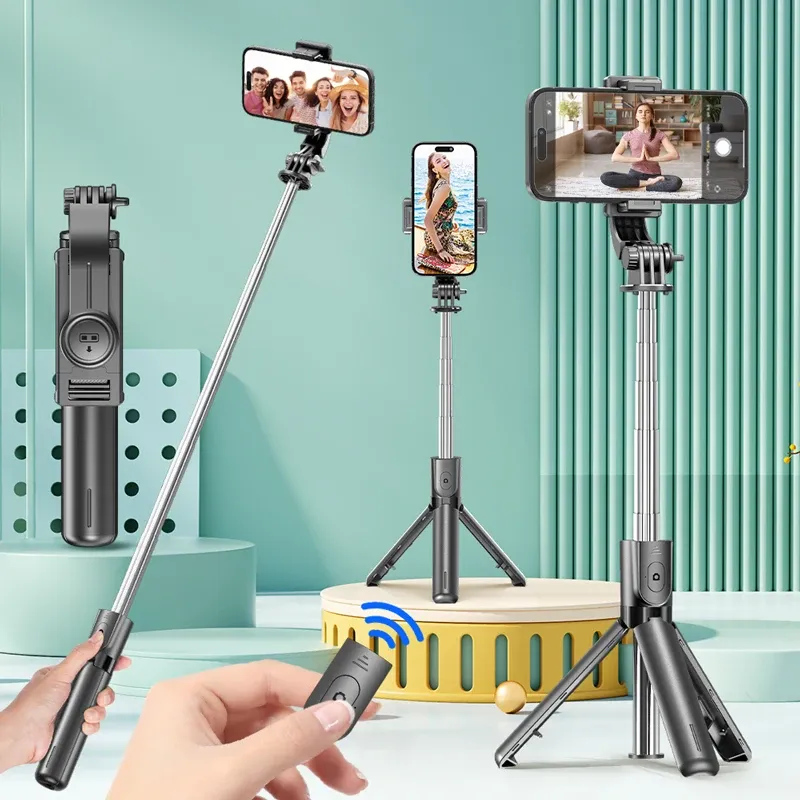 Trépied perche à selfie avec télécommande Bluetooth amovible, rotation à 360°, perche extensible, lumière de remplissage intégrée, compatible iPhone et Android