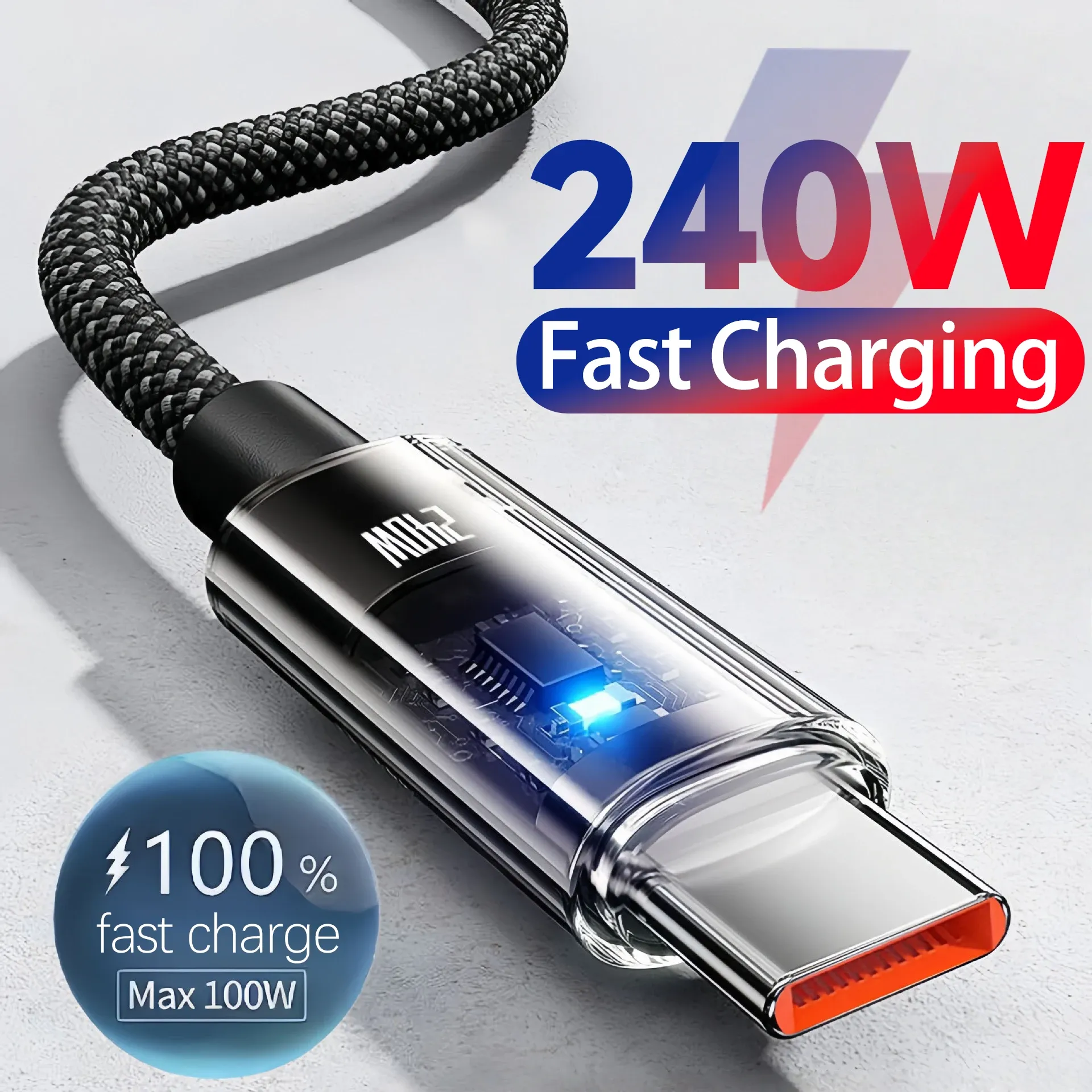 Câble de charge USB-C en nylon 240 W, charge ultra-rapide, compatible Samsung, Xiaomi, Huawei et Honor, avec affichage numérique LED et câble de données