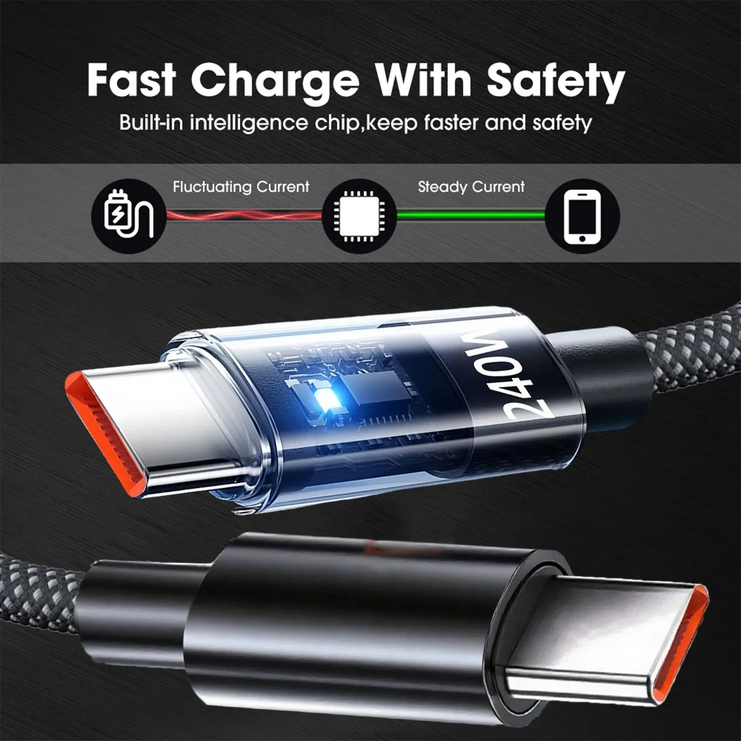 Câble de charge USB-C en nylon 240 W, charge ultra-rapide, compatible Samsung, Xiaomi, Huawei et Honor, avec affichage numérique LED et câble de données 3