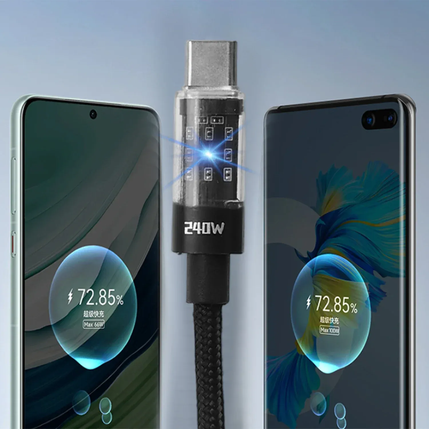 Câble de charge USB-C en nylon 240 W, charge ultra-rapide, compatible Samsung, Xiaomi, Huawei et Honor, avec affichage numérique LED et câble de données 4
