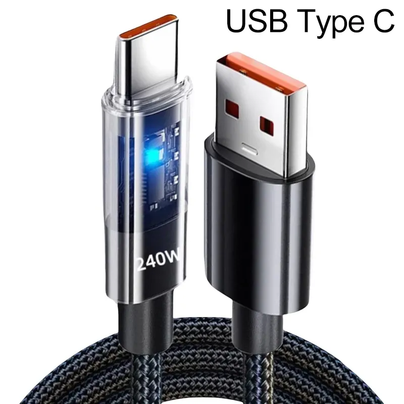 Câble de charge USB-C en nylon 240 W, charge ultra-rapide, compatible Samsung, Xiaomi, Huawei et Honor, avec affichage numérique LED et câble de données 7