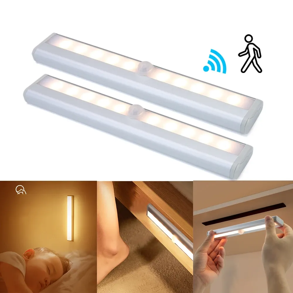 Lot de 10 veilleuses LED sans fil à détecteur de mouvement PIR pour escalier, placard et couloir