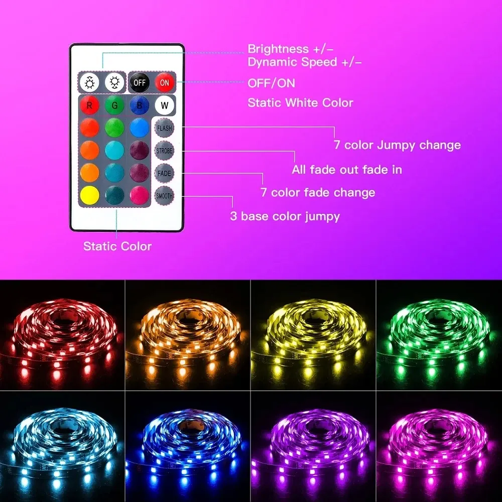 Bande LED RGB 5 V USB 1 à 30 m avec Bluetooth et télécommande 24 touches, ruban flexible à changement de couleur pour la décoration intérieure 2