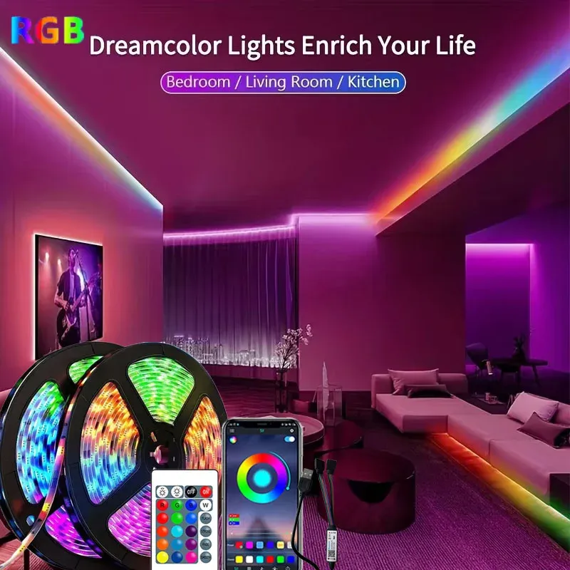 Bande LED RGB 5 V USB 1 à 30 m avec Bluetooth et télécommande 24 touches, ruban flexible à changement de couleur pour la décoration intérieure 1