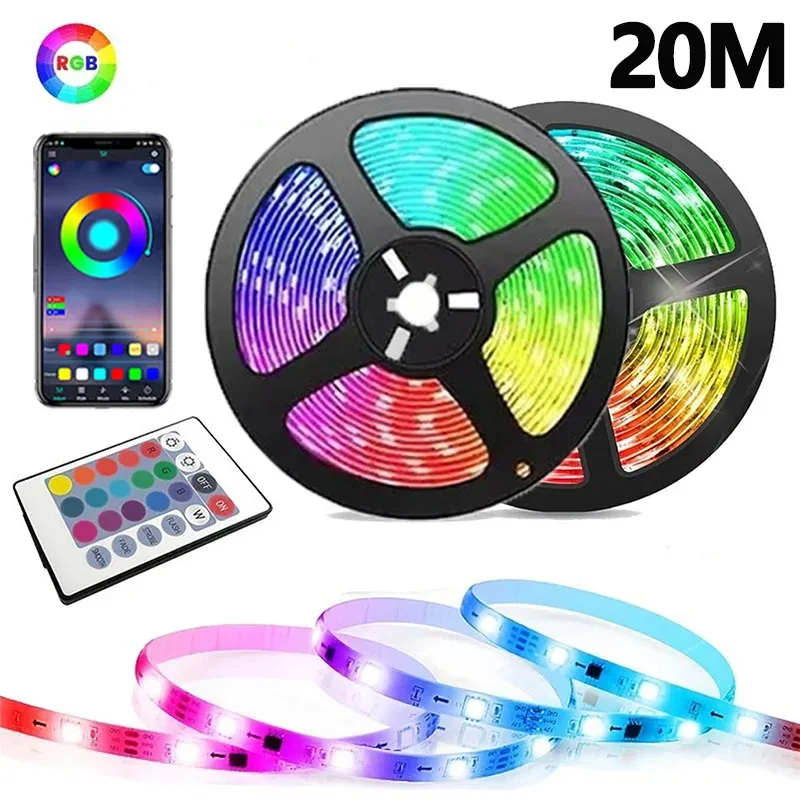 Bande LED RGB 5 V USB 1 à 30 m avec Bluetooth et télécommande 24 touches, ruban flexible à changement de couleur pour la décoration intérieure 10