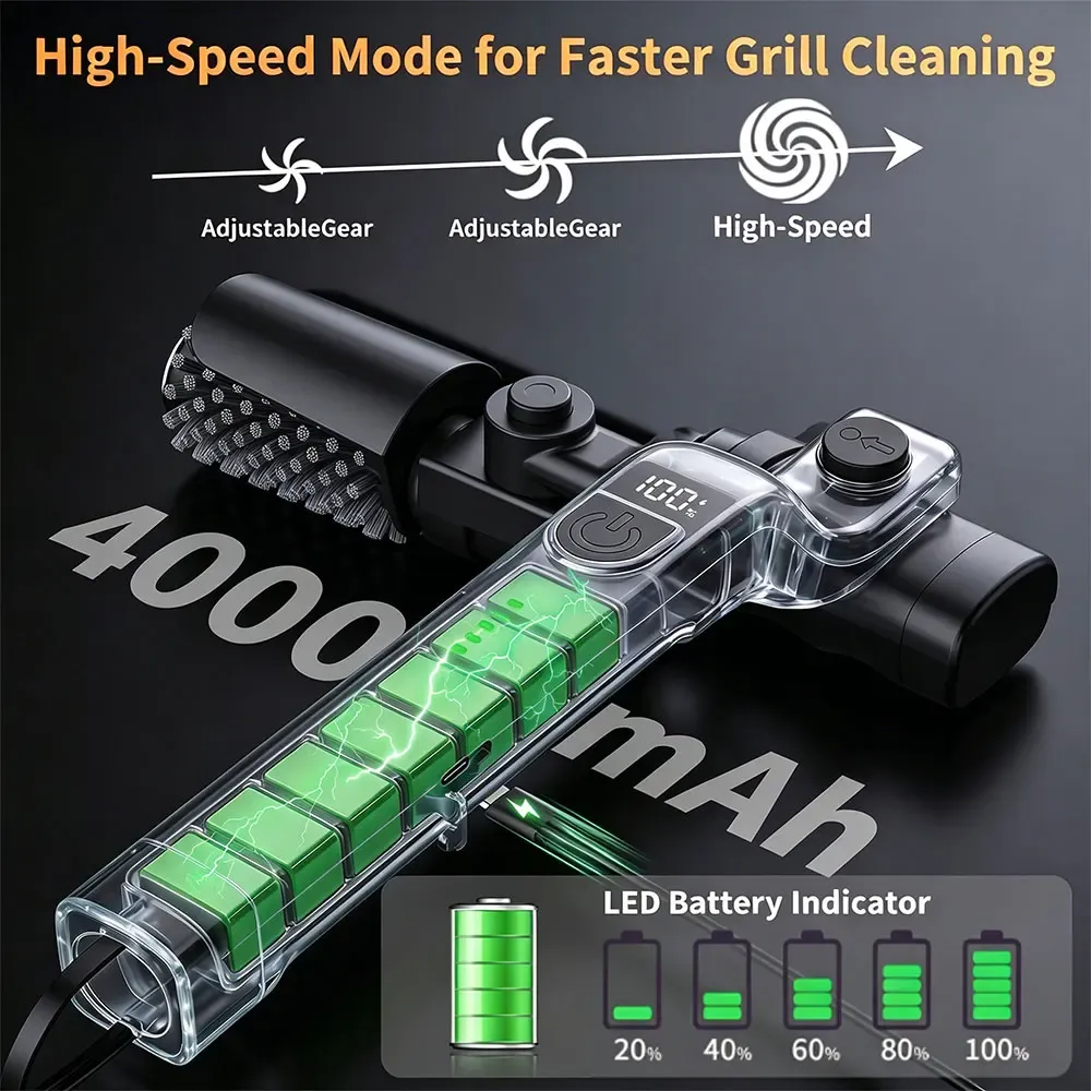 Brosse de nettoyage pour barbecue électrique à 3 vitesses et tête pivotante à 180 °, autonomie de 90 minutes 3