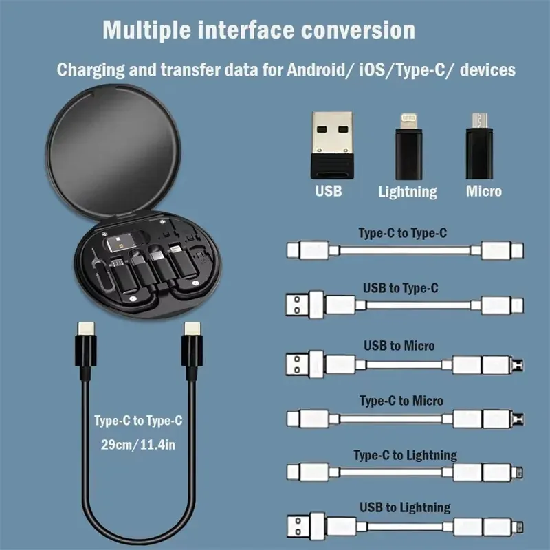 Boîte de rangement portable multifonction pour câbles de données, support de téléphone portable à charge rapide 60 W, kit de câbles de charge, adaptateur multi-embouts 4